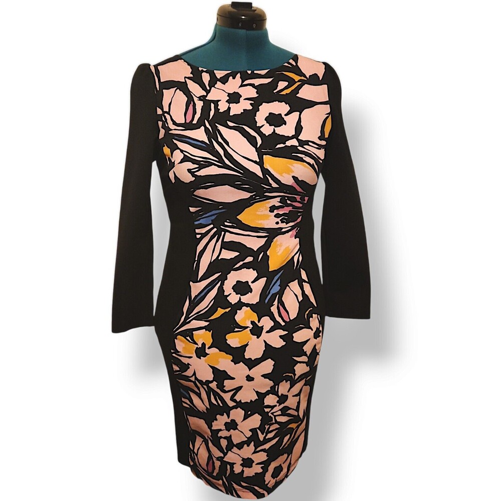 Gyalwana Floral Print Front Panel, Black Side and Back Career Dress  M
